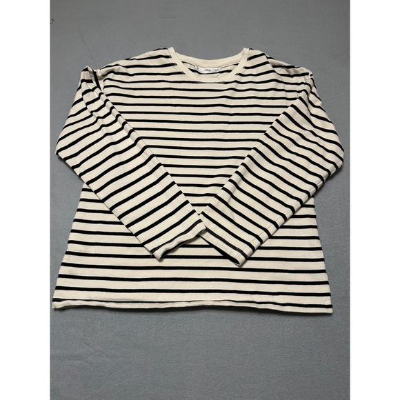 Mango Tops - Mango MNG Womens Striped Long Sleeve Crew Neck T-Shirt Off White Black Size M